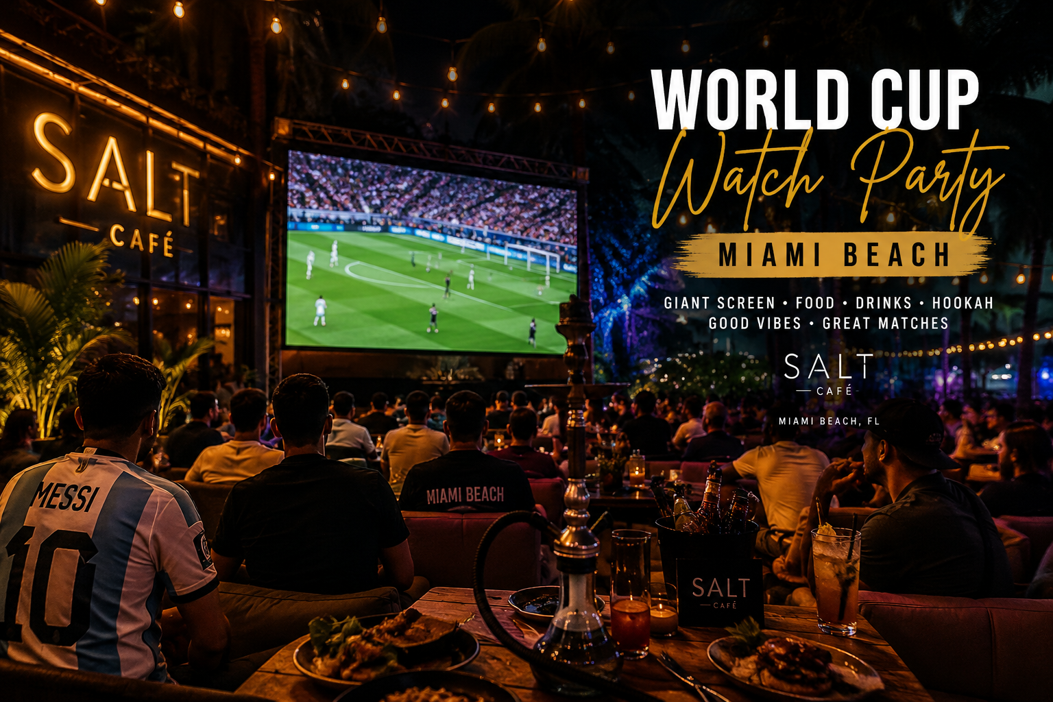 World Cup watch party Miami Beach with giant screen, food, drinks, and hookah at Salt Café